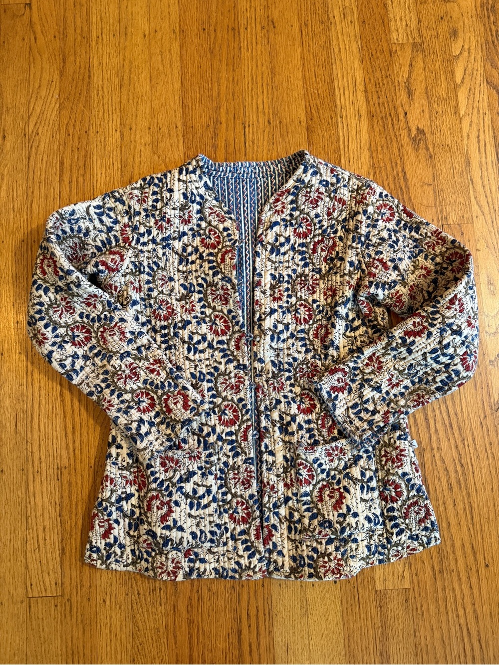 Quilted Cream Floral Jacket with Blue & Red Accents